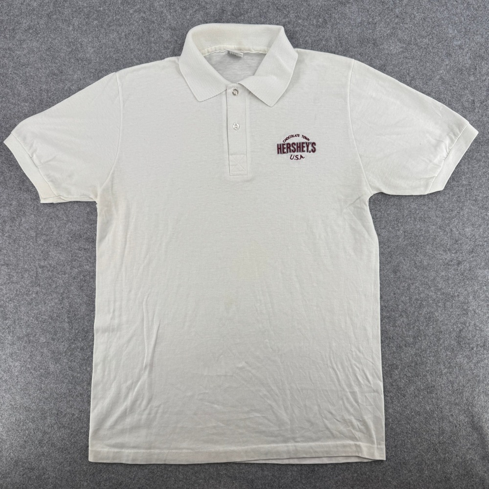 VTG Stedman Polo Shirt Mens Large Casual Knits White Hershey's Single Stitch EUC